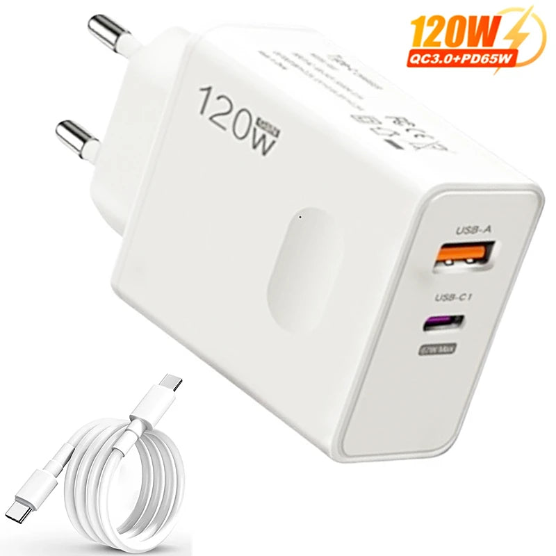 Carregador Fast Charger 120W Tipo C + Cabo de recarga rápida 3.0 - Adaptador para Iphone, Xiaomi entre outros.